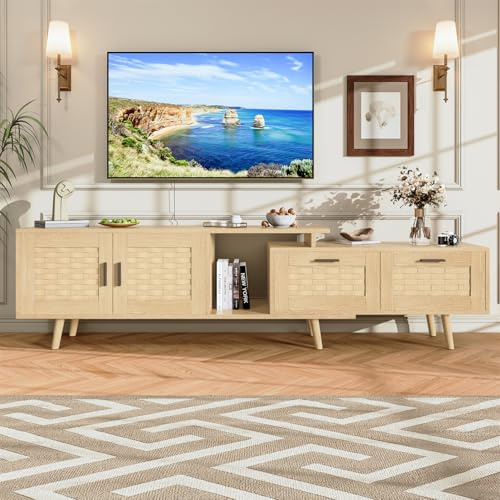 MISNODE Ausziehbares TV Schrank 169 cm, Rattan TV Lowboard mit 2 Schränken und 2 Schubladen, TV Board für Fernseher bis 75 Zoll, TV-Regal für Wohnzimmer, Schlafzimmer (Eichenfarbe, A)
