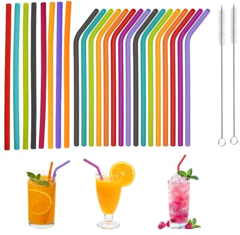 HORREX 22 Pièces Paille Reutilisable Comprenant 2 Brosse de Nettoyage | Pailles Colorées Incurvées, Paille Silicone Souple et Portable pour Boissons Froides Cocktails Jus Thé au Lait Café et Autres