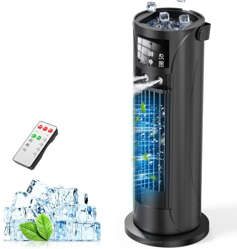 Condizionatore mobile 4 in 1 Silenzioso 28dB, Rinfrescante d'Aria Modo Tempesta, Oscillazione 120°, 4 velocità Vento Naturale 3D Sonno, 2 Nebbie, Timer 8H per Camera Ufficio(Nero)