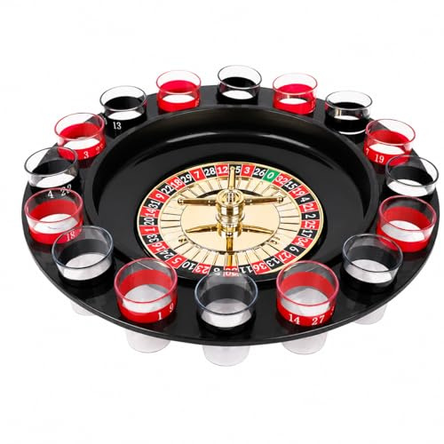 Roulette Alkohol - Trinkspiel, Shot Game, Drinking Game - Set mit 16 Schnapsgläsern - Geschenkidee Geburtstag Erwachsene, Junggesellinnenabschied, Party - Drehbarer Sockel Ø29,5 cm