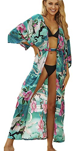 LikeJump Women's Long Floral Kimono Dressing Gown Beach Bikini Cover-Ups Maxi Dress Plus Size Summer Robe Green
