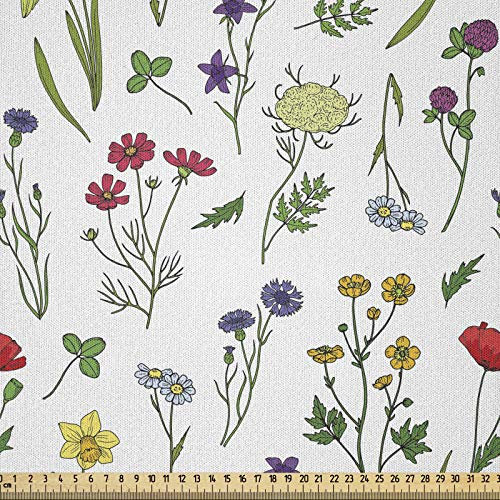 ABAKUHAUS Blumen Stoff als Meterware, Endemisch Frühling Wildblumen, Microfaser Stoff für Dekoratives Basteln, 1M (230x100cm), Weiß Grün