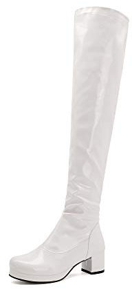 JIEEME Pelle verniciata da donna alla moda con chiusura lampo, tacco a blocco, punta media, facile da camminare, comodi stivali sopra il ginocchio fatti a mano da donna ZZ88111, bianco, 35 EU