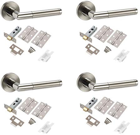 Golden Grace Mitred Style Modern Door Handles on Round Rose in Dual Finish with Latch - 4 Sets