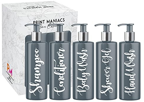 Print Maniacs Grey Mrs Hinch Inspired Personalised 500ml Pump Bottles Bathroom Lotion Kitchen Set Shampoo Conditioner Body Wash (Set 5) (White)