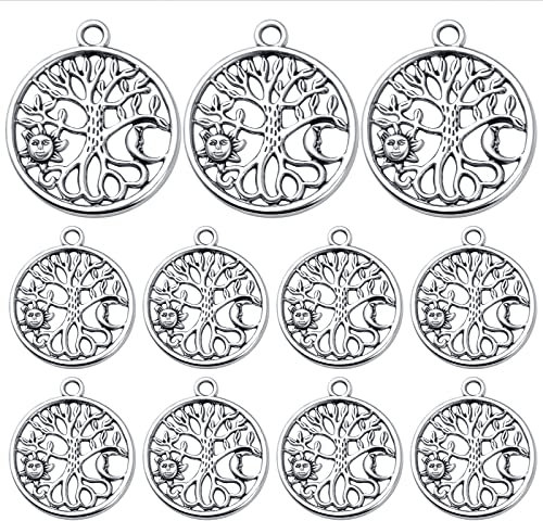 30 ciondoli a forma di albero della vita, in argento anticato, con sole, luna, in lega tibetana, cavi, rotondi, vintage, accessori per la creazione di gioielli per collane e braccialetti fai da te