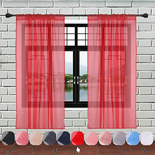 WedDecor Light Filtering Red Sheer Curtains 81 x 56 – 2 Panel Voile Drapes with Rod Pole Pocket for Windows, Doors, Living Room, Bedroom, Patio, Kitchen, Hotel, and Café Use
