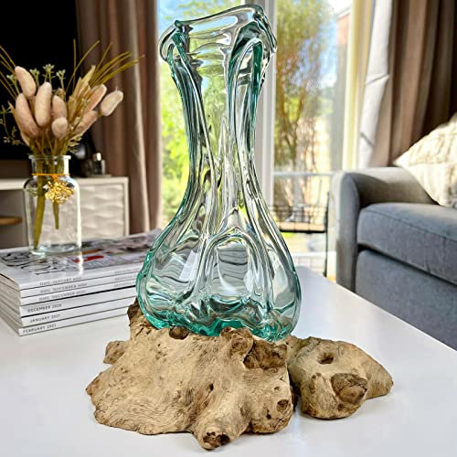 24cm Crinkle Molten Glass Vase On Driftwood Stand Handmade Flower Holder Large