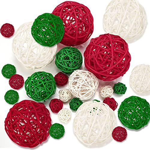 SANNIX Rattan-Kugeln in 3 Größen, Weihnachtsschmuck, Hochzeit, Party, Dekoration, Korbgeflecht, Takraw, natürliche Kugeln, rot, grün, weiß, Rattenkugel, Zuhause, Hof, hängende Ornamente, 16 Stück