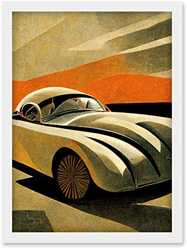 Doppelganger33 LTD Art Deco Vintage Sports Car Sunset Illustration Artwork Framed Wall Art Print A4
