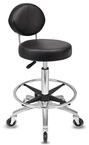Staboos Rollhocker bis 160 kg - Premium Sitz rund mit Lehne - Praxishocker (Premium Rollen und Fußstützee) Drehhocker höhenverstellbar (55 cm bis 75 cm) Rundsitz