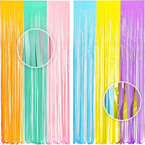 2PCS Rainbow Foil Fringe Curtain Kids Party Streamers Decorations - BRAVESHINE 3.2x8.2ft Colourful Tinsel Curtains Photo Booth Backdrop Props For Birthday Easter Pastel Rainbow Fairy Party Supplies