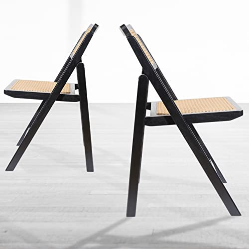 LIMHOME | 2er Set Essstuhl Klappstuhl Holz/Rattanstuhl aus Holz und Wiener Geflecht Holzklappstuhl Esszimmer Klappstuhl (Sitzfläche aus Rattangeflecht, Schwarz)