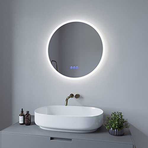 AQUALAVOS Badspiegel Rund Beleuchtet Spiegel Rund 60 cm mit Beleuchtung Dekorative Wandspiegel Rund Led Kaltweiß Neutralweiß Warmweiß Beschlagfrei Dimmbar