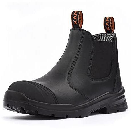 KAM-LITE Scarpe da lavoro uomo scarpe antinfortunistiche antiscivolo punta in acciaio impermeabile traspirante stivali da lavoro in pelle, Nero , 43 EU Larga