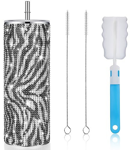 Tessco Bling Cups Rhinestones Tumbler with Straw Glitter Water Bottle Stainless Steel Straw Tumbler Insulated Bling Cup with Lid Brush for Teacher Graduation Season Gifts(20 oz,Zebra Stripe Color)