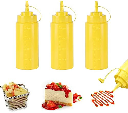 SKYPRO 3 Pack Yellow Plastic Squeeze Bottles 16 oz Condiment Squeeze Bottles Multipurpose Squirt Bottle for Ketchup Oil Jam BBQ Sauce Dressing Grilling Crafts Syrup Dispensers
