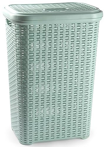 60 Litre Large Green Plastic Laundry Basket with Lid Rattan Washing Clothes Storage Hamper Bin
