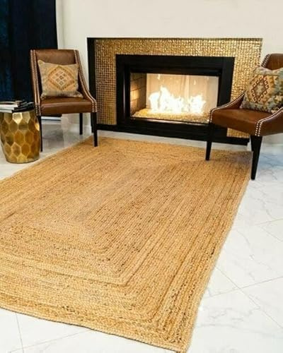 EcoKunst Jute Teppich Handgewebt 100% Naturfaser, Boho Ethno Muster Modern, Natur Farbe für Wohnzimmer, Schlafzimmer, Flurteppich (160 x 230 cm), EKR-J111