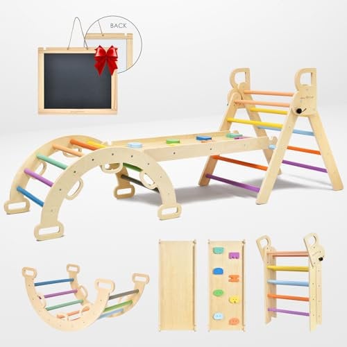 BlueWood 7 en 1 Triangle d'escalade Montessori Enfants, Arc d'escalade Montessori en Bois Hêtre avec Toboggan & Échelle, Charge 50KG, pour Tout-Petits Bébé 1 Ans+(Arc-en-Ciel)