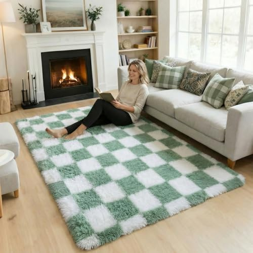 KICMOR 4x6 Rug for Bedroom Living Room, Fluffy Sage Green and White Checkered Area Rugs, Fuzzy Shag Shaggy Floor Carpet Soft Plush Checkerboard Rug for Children Kids Boys Room, Nursery, Classroom