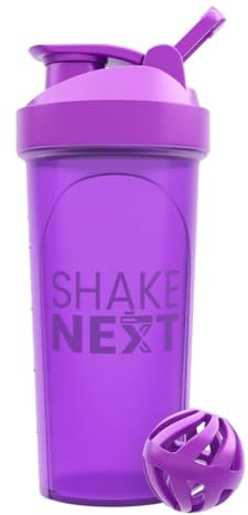 ShakeNext® | Proteinshaker Flasche 700ml mit Mixball + Mixsieb Kunststoff für Fitness Eiweiß & Protein-Shakes - Auslaufsicherer Deckel mit Schlaufe, Spülmaschinenfest (lila)