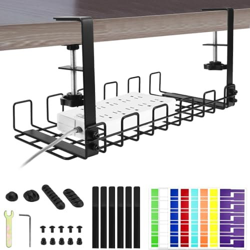 LPAMABA Bandeja de Gestión de Cable para Escritorio, Organizador Cables Escritorio Bajo Mesa, Cesta para Cables Negra de Hierro, Bandeja Cables Escritorio con Accesorios para Oficina Cocina Hogar