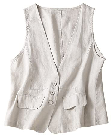 PAIDAXING Gilet da donna in cotone e lino, vestibilità ampia, senza maniche, con tasche, casual, scollo a V, con bottoni, gilet, leggero, tinta unita, estivo, bianco, L