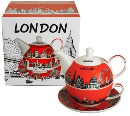 Iconic London Themed Tea Set for One, Teapot Tea Cup and Saucer Serving Set - 3 Piece Collection