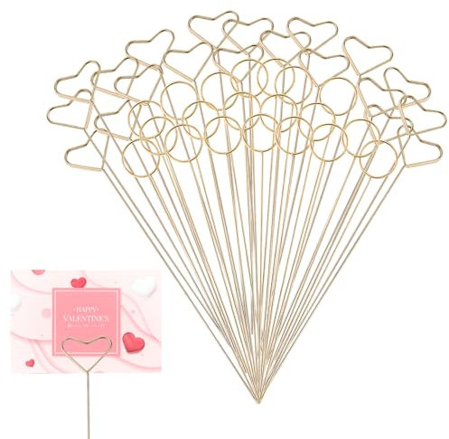Andibro 40 Stück Blumen Tischkartenhalter aus Metall, Blumen Fotohalter Blumen Pick Kartenhalter 30cm Goldener Herzform Rund Foto Stick Clip für Blumenarrangements Blumenstrauß Hochzeitsdekoration
