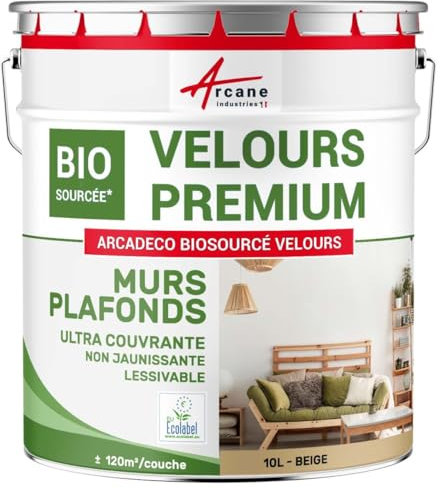 ARCANE INDUSTRIES Peinture Mur et Plafond, Satin, Velours, biosourcée - 10 L (+ ou - 120m² par Couche) Beige - RAL 1001