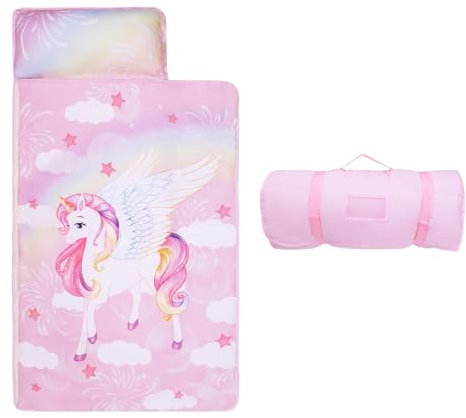 Einhorn Schlafsack Kinder mit Kopfkissen Reißverschluss, Faltbare Kinderschlafsack mit Kissen Abnehmbar für Mädchen Jungen, Leicht Reinigen Schlafsack für Outdoor Indoor Camping, 150×60cm