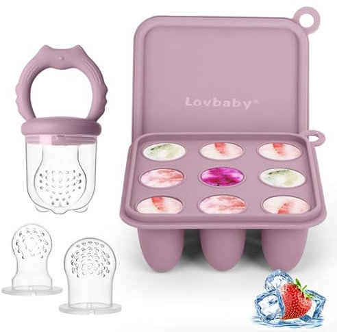 Set di contenitori per frutta in silicone per bambini, per raffreddare e alleviare la dentizione, auto-alimentazione per frutta, latte materno, inclusi 3 ciucci aggiuntivi (Dusty Lilac)