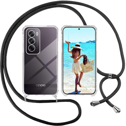 ISOI Mobile Phone Case with Strap and Chain for OPPO Reno 12 Pro, Transparent Silicone Shockproof Protective Case - Cord with Case for Hanging in Black