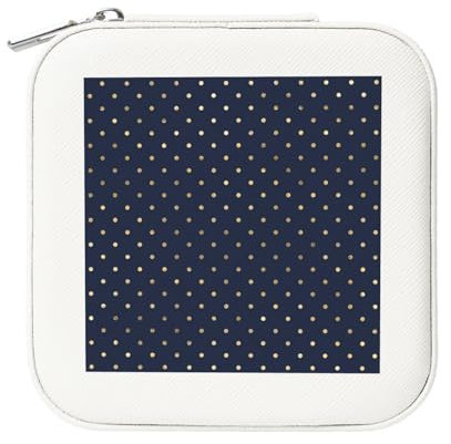 KemEng Modern Elegant Navy Blue Gold Polka Dots, Square PVC Leather Jewelry Box Women's Jewellery Box Travel Organiser Jewelry Case