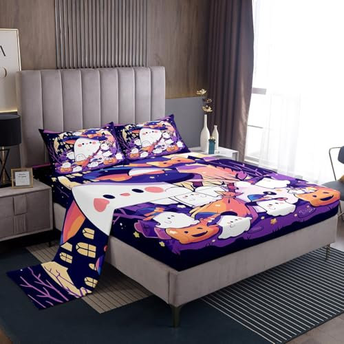 Ghosts Of Halloween Sheet Set Double for Kids Halloween Party Decorations Sheets, Happy Halloween Ghost Decor Bed Sheets Set Cartoon Ghost Witch Broom Pumpkin Decor Bedding Set
