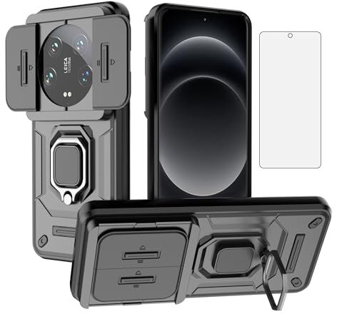 Asuwish Phone Case for Xiaomi 14 Ultra 5G with Slide Camera Cover Tempered Glass Screen Protector Ring Holder Stand Rugged Slim Protective Military Grade Hybrid Cell Mi 14Ultra Women Men Black
