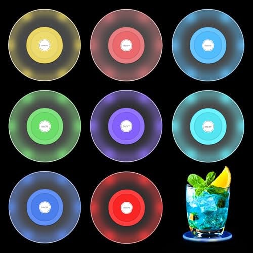 Joycabin Lot de 8 dessous de verre LED multicolores avec 7 modes d'éclairage, sous-verres étanches pour les fêtes, mariages, bars, Noël
