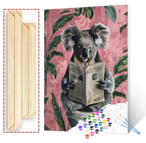 Tucocoo Koala Reading Newspapers Paint by Numbers Kits with Brushes and Acrylic Pigment on Canvas Painting for Adults, Funny Animal on Toilet Picture for Home Wall Decor Gifts 16''x20'' (DIY Framed)