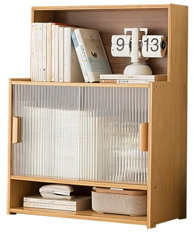 Estante de escritorio ajustable con puerta corredera de cristal, organizador de escritorio para oficina y hogar, color beige