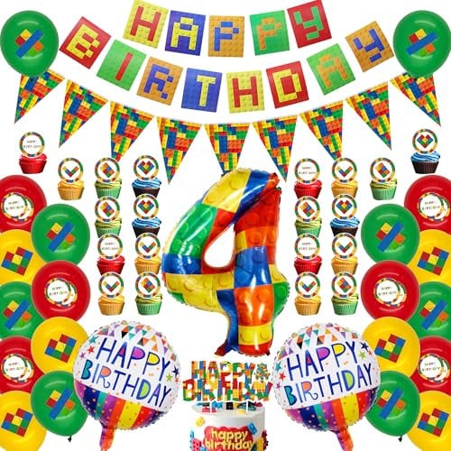 Bausteine Thema Geburtstag Party Deko - 4. Geburtstag Baustein Party Deko Happy Birthday Banner, Zahl 4 Folienballon Dreieck Flagge Bausteine Kuchen Topper für Kinder Jungen Mädchen