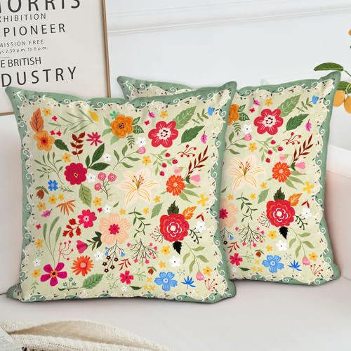 HZYKDWD Set mit 2 Blumenmotiven, 45 x 45 cm, Boho, floral, Vintage, dekorative Kissenbezüge, 45 x 45 cm, doppelseitig, bedruckt, für Haus, Sofa, Wohnzimmer, Schlafzimmer, Grün