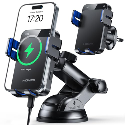 MOKPR Handyhalterung Auto mit Ladefunktion, Handyhalterung mit Ladefunktion | 15W Handyhalterung Auto Induktives Laden Entlüftungsclips/Instrumententafel/Windschutzscheibe für iPhone Samsung Huawei(Blau)