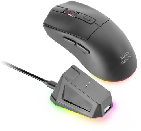 Mars Gaming MM-T3, Ratón Inalámbrico Ligero, Bluetooth 5.0 + 2.4GHz + Cable, Sensor Óptico PIXART PAW3104PRO 14400 dpi, Base de Carga Magnética RGB, Switches Huano, Software de Control, Negro