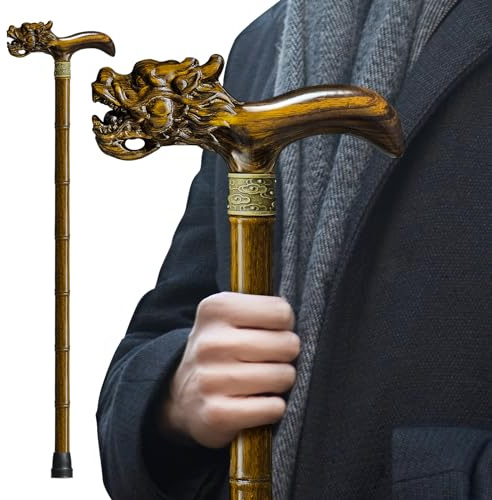 ispuoocti Wooden Hand Carved High-end Walking Sticks for Men and Women, Lightweight Design Support Up to 226kg Dragon Walking Sticks for Seniors, Suitable for Personal and Gift Use (Zebrawood)