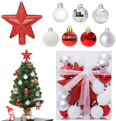 30 Stück Mini Weihnachtskugeln mit Aufhänger 3cm Klein Weihnachtsdeko Kugeln Set mit Stern Glitzer Rot & Weiß für Weihnachtstbaum Deko