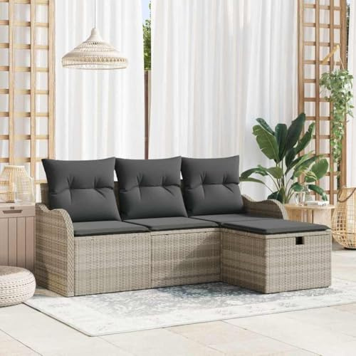 Yunovire Garten-Sofa-Set 4-teilig Hellgrau, Poly-Rattan Lounge-Möbel mit Kissen, modular, höhenverstellbarer Tisch, UV-beständig, Stauraum, für Balkon, Terrasse