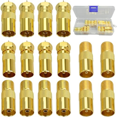 CiShow 16 Stk F-Typ TV Antennen-Koaxial Koppler, SAT Antenne Adapter Set, Stecker auf weibliche TV-Koaxialkoppler, F-Kupplung auf Koax-Stecker & Buchse IEC (Golden)