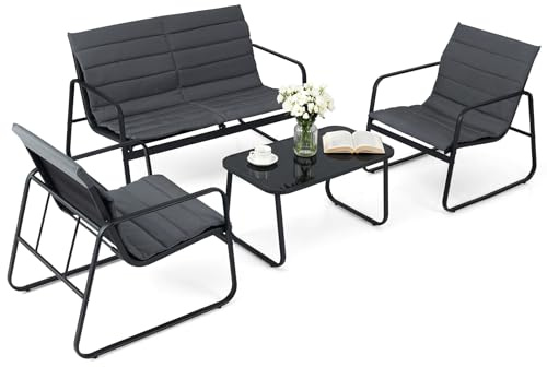 COSTWAY Gartenmöbel Set, Outdoor Lounge Möbel, Balkonmöbel Kleiner Balkon, Sitzgruppe mit 2 Stühlen, Bank, Tisch und Kissen, Sitzgarnitur, Terrassenmöbel, Gartengarnitur für Terrasse, Garten