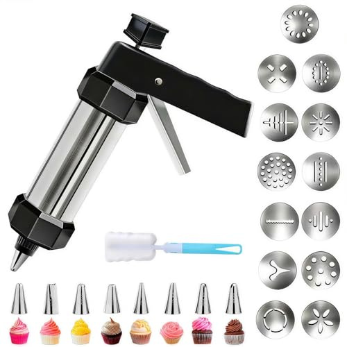 Stainless Steel Spritz Cookie Press Set, Cookie Press Gun Kit with 8 Piping Tips and 13 Discs, Cookie Bazooka for DIY Maker and Decorating Baking Supplies